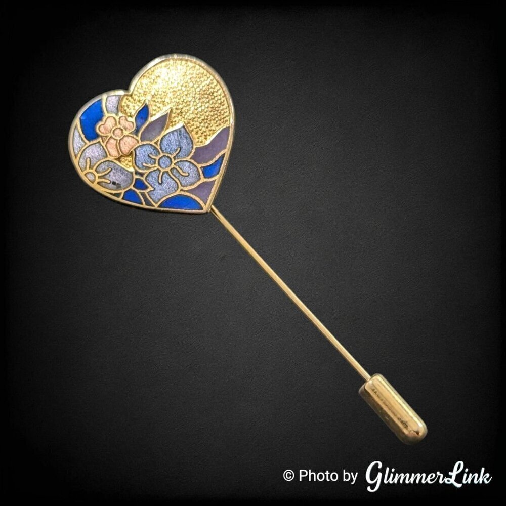 Vintage Heart Shaped Blue & Pink Cloisonne Floral Stick Pin